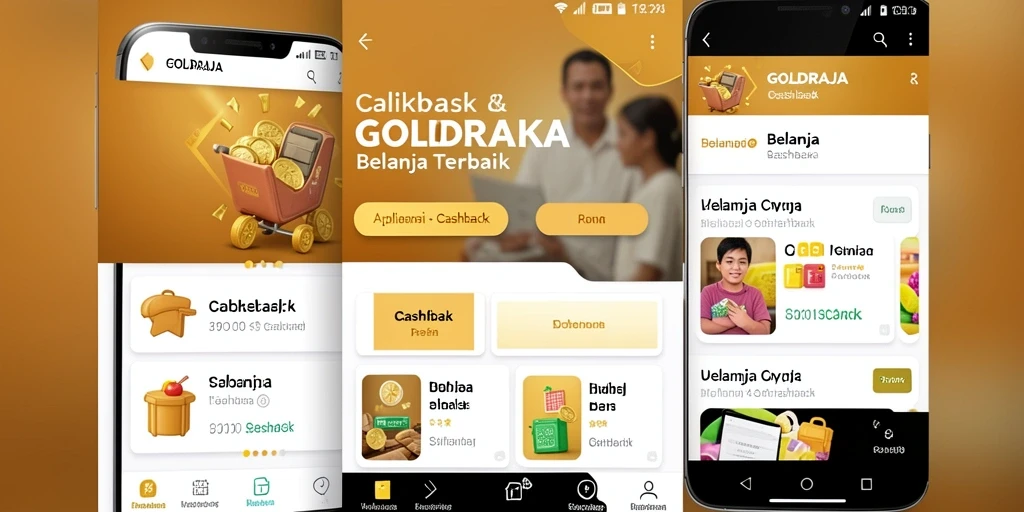 Antarmuka utama aplikasi GOLDRAJA dengan fitur Cashback yang menarik.