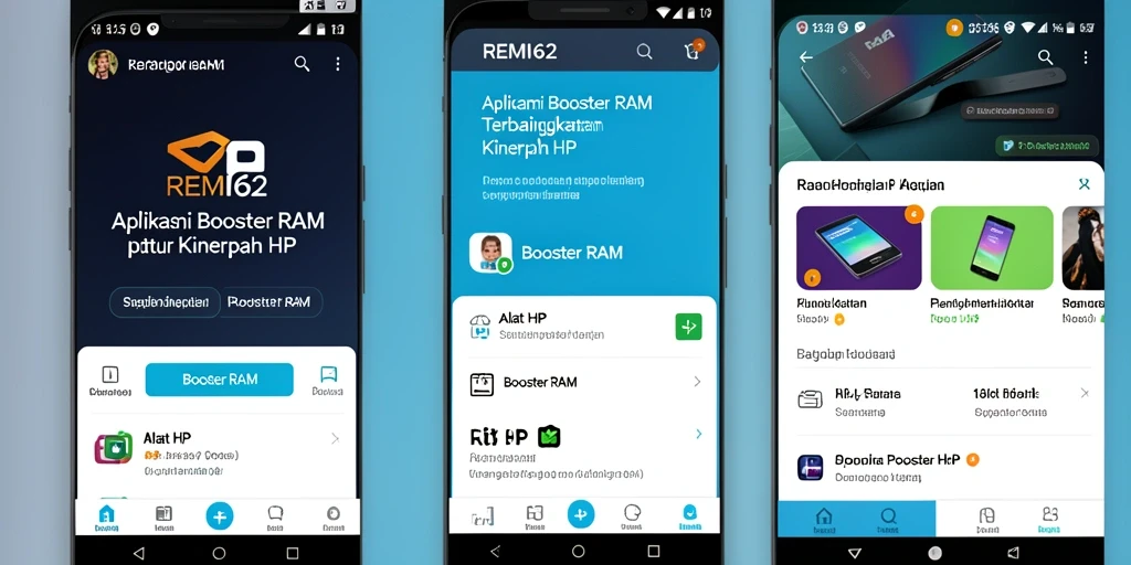 Screenshot antarmuka utama aplikasi Booster RAM REMI62 yang menampilkan fitur pengoptimalan.