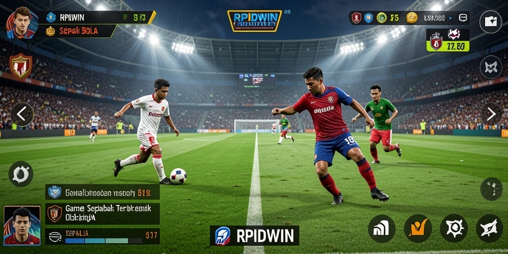 Antarmuka game RPIDWIN menampilkan aksi sepak bola yang mendebarkan.